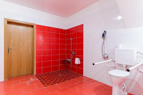 a red bathroom with a toilet and a shower at Nové Adalbertinum in Hradec Králové