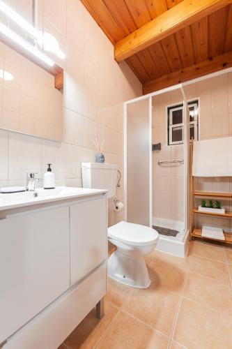 a bathroom with a toilet and a sink and a shower at Cantinho do Sossego in Madalena
