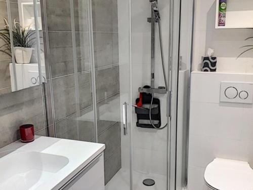 une salle de bain avec une douche avec un lavabo et des toilettes dans l'établissement Studio rénové avec climatisation et piscine à Bormes-les-Mimosas - FR-1-610-63, à Bormes-les-Mimosas