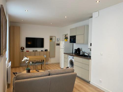 un salon avec un canapé et une cuisine dans l'établissement Studio 28m2 avec parking privé - Lycée Roosevelt - Arena - Gare, à Reims