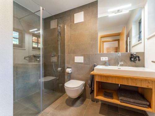 a bathroom with a shower and a toilet and a sink at Pinzgau Lodge 2D in Wald im Pinzgau