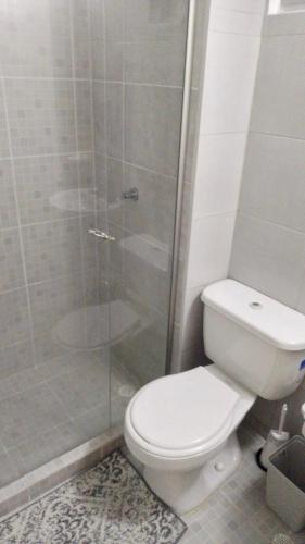 La salle de bains est pourvue de toilettes et d'une douche en verre. dans l'établissement Apartamento Amoblado en Barranquilla, à Barranquilla