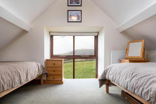 a bedroom with two beds and a large window at Bwthyn Llys Twrog in Moel-tryfan