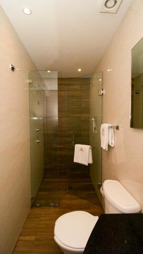 a bathroom with a toilet and a glass shower at Hotel El Conde Naucalpan Only Adults in Mexico City