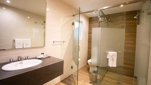 uma casa de banho com um lavatório e uma cabina de duche em vidro. em Hotel El Conde Naucalpan Only Adults em Cidade do México