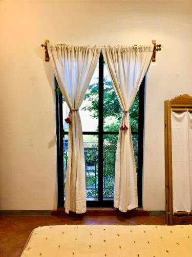 a window with white curtains in a room at Casa Gecko in Oaxaca City