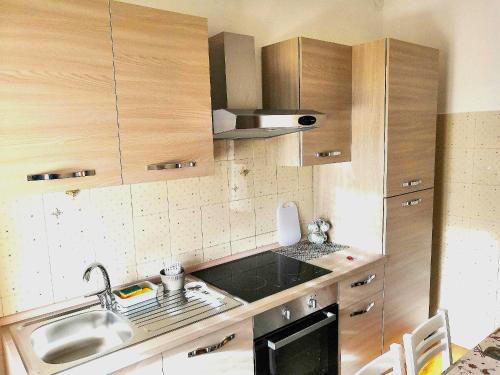 Elle comprend une petite cuisine avec des placards en bois et un évier. dans l'établissement Novara Suite, à Novara