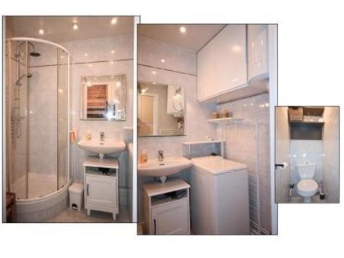 La salle de bains est pourvue de 2 lavabos, d'une douche et de toilettes. dans l'établissement Studio cosy avec lit escamotable et accès facile aux pistes à Montgenèvre - FR-1-266-183, à Montgenèvre