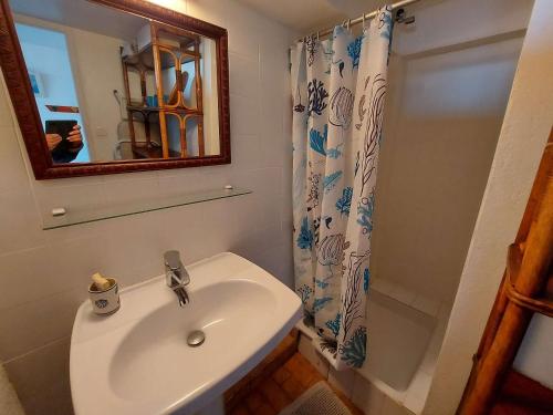 une salle de bain avec un lavabo, un miroir et une douche dans l'établissement Appartement T2 à 150 m de la plage avec terrasse et parking privé - FR-1-423-245, au Grau-dʼAgde