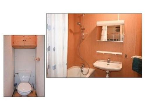 une salle de bain avec toilettes, lavabo et douche dans l'établissement Studio confortable pour 4 pers. avec kitchenette et parking à Montgenèvre - FR-1-266-189, à Montgenèvre
