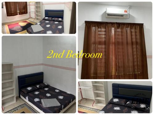 four pictures of a bedroom with a bed and a window at Azzahra Homestay Pekan with 3 Bedrooms fully airconditioner in Pekan