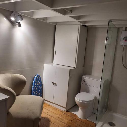 a small bathroom with a toilet and a shower at 5 Luxury Spacious Loft - Prime Location - Comfortable Bed & Sofa in Brighton & Hove