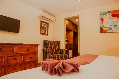 a bedroom with a bed and a dresser and a chair at Hotel Holly in Mérida