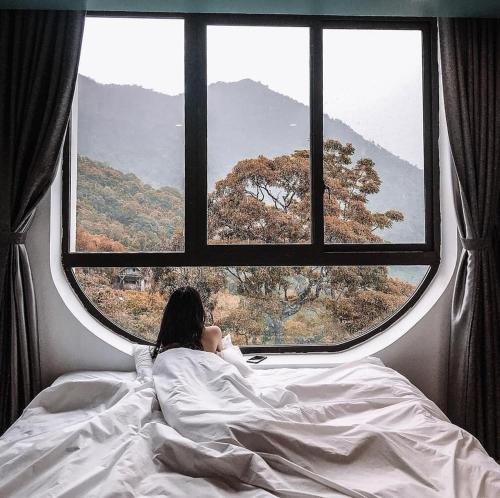 a woman laying in bed looking out of a window at Le vent Tam Đảo homestay in Tam Ðảo