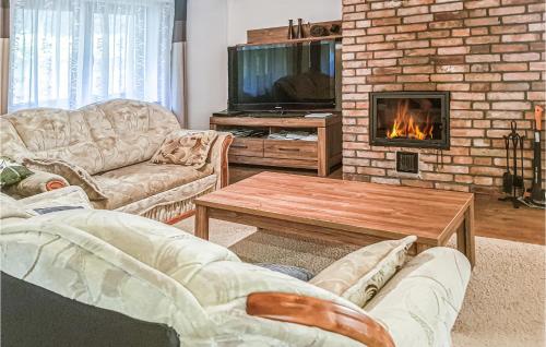 a living room with two couches and a fireplace at Beautiful Home In Krzynia With Wifi in Krzynia