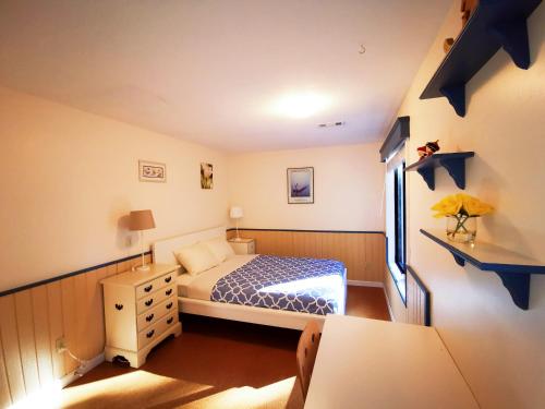 een slaapkamer met een bed met blauwe sterren aan de muur bij City Oasis in Issaquah