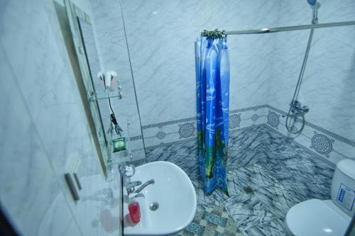 a bathroom with a sink and a blue vase at BRICK PALACE in Samarkand