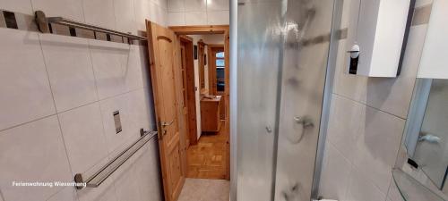 uma casa de banho com uma cabina de duche ao nível do chão e um corredor em Ferienwohnung Wiesenhang em Winterberg
