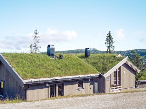 a building with a grass roof with a field in the background at 10 person holiday home in F vang in Favang