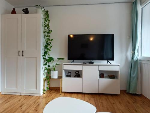 a living room with a flat screen tv on a white cabinet at Kranjska gora balcony apartment in Kranjska Gora