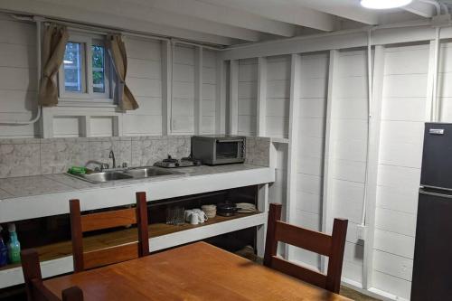 a kitchen with a sink and a table and a microwave at Big Creek Casita in Bocas del Toro