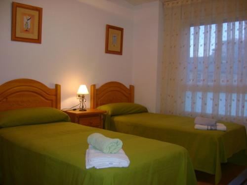 a bedroom with two beds with green sheets and a window at Apartamentos Pirineos Ordesa in El Pueyo de Araguás