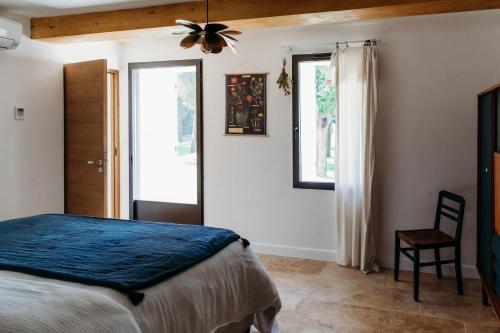 1 dormitorio con 1 cama y ventilador de techo en Mas des Ecoliers en Châteaurenard