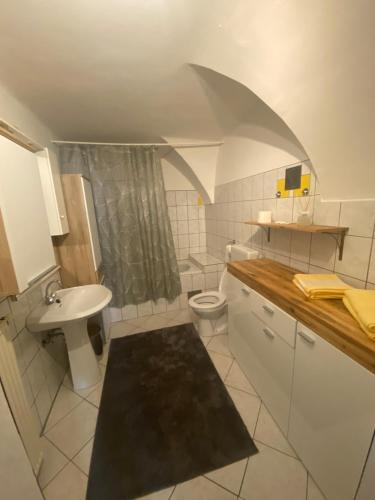 a bathroom with a sink and a toilet and a shower at B&B bei Pepe Nero in Sankt Pölten