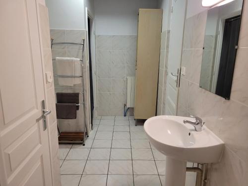 biała łazienka z umywalką i prysznicem w obiekcie Carignan w Carcassonne