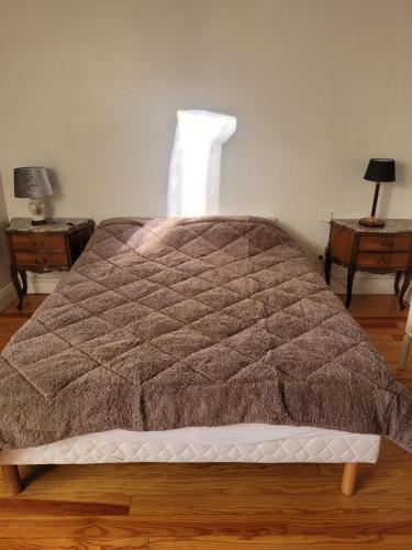 a bed with a brown blanket on a wooden floor at Carignan in Carcassonne