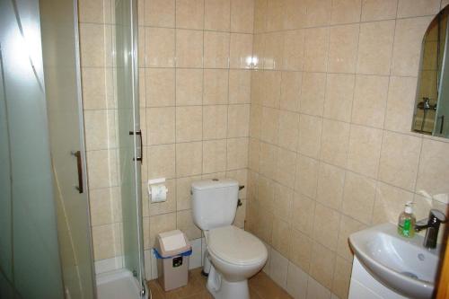 a bathroom with a toilet and a sink and a shower at Malibu Lublin in Lublin