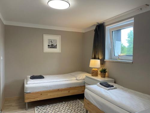 2 camas individuais num quarto com uma janela em Apartment Jenny em HoÅ¡Å¥ka