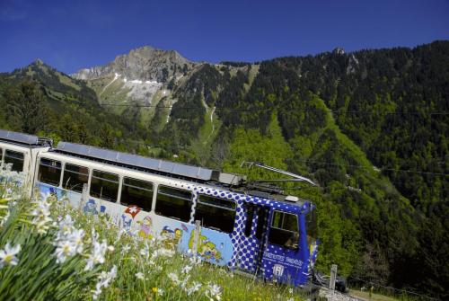 a train on the tracks with mountains in the background at Sunset House with gorgeous view of the lake in Montreux