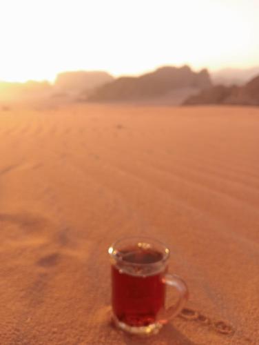 a cup of tea sitting in the desert at golden day in Wadi Rum