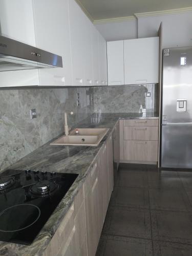 a kitchen with a sink and a stove in it at Kifissia center luxury in Athens