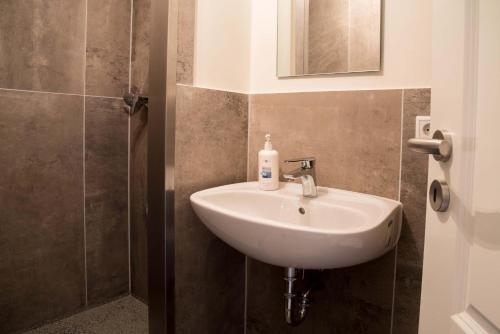 a bathroom with a white sink and a mirror at Pension Am historischen Kalkwerk in Bahretal