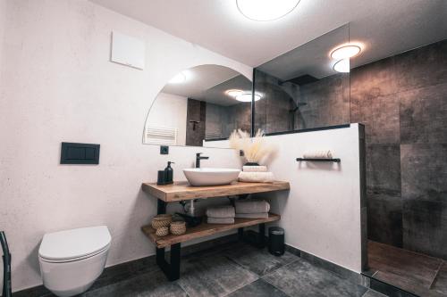 La salle de bains est pourvue d'un lavabo, de toilettes et d'une douche. dans l'établissement Appartement Reichholf, à Bramberg am Wildkogel