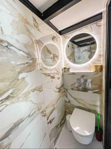 une salle de bain avec toilettes et un mur en marbre dans l'établissement Appartement 26 Arles centre, à Arles