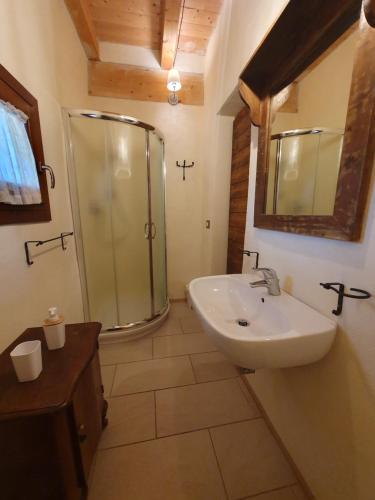 a bathroom with a glass shower and a sink at Chiesa Ignano 1778 in Marzabotto