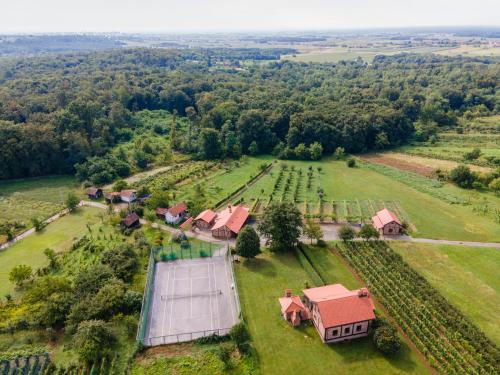 an aerial view of a farm with a barn at VAL HILLS Rural Holiday House in Gaj Vrbovečki