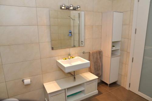 a bathroom with a sink and a mirror at Valley of Honey Apartment in Mosta