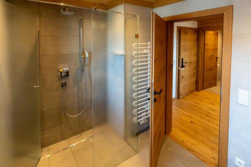 a shower in a bathroom with a glass door at Madlhof in Himmelreich