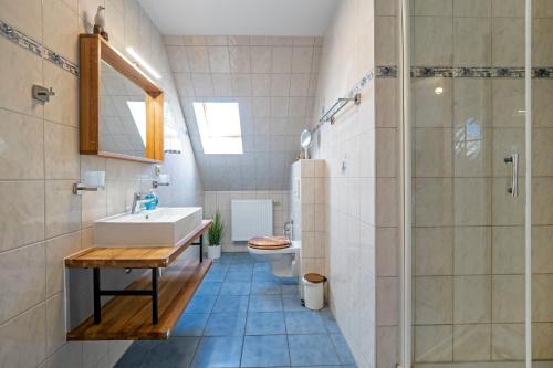 ツィングストにあるTraumzeit, FW 1のバスルーム(洗面台、トイレ、シャワー付)