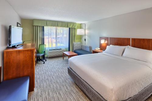 Cette chambre comprend un lit et un bureau avec une télévision. dans l'établissement Holiday Inn Express Hotel & Suites Raleigh North - Wake Forest, an IHG Hotel, à Wake Forest