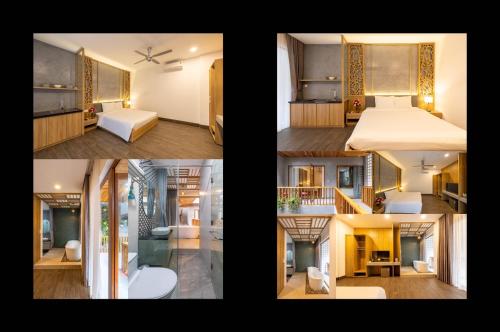a collage of four pictures of a kitchen and a living room at Moon Sun Boutique Villa Hotel in Hue