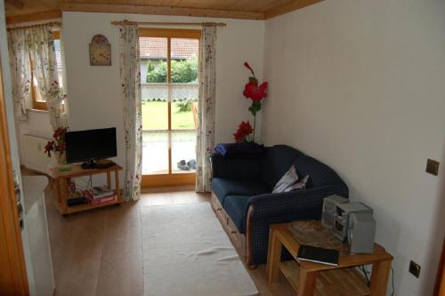 ein Wohnzimmer mit einem blauen Sofa und einem TV in der Unterkunft Ferienwohnungen Haus Reineck in Bayerisch Eisenstein