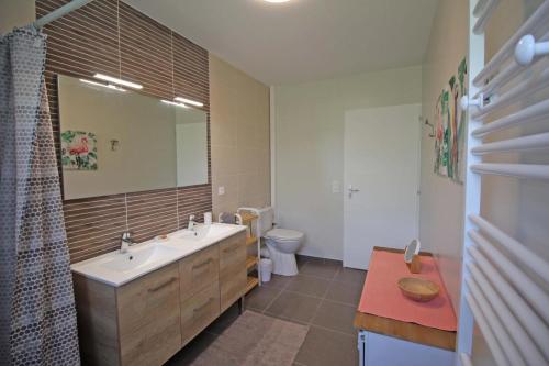 y baño con lavabo, aseo y espejo. en Les cypres, en Magnac-Bourg