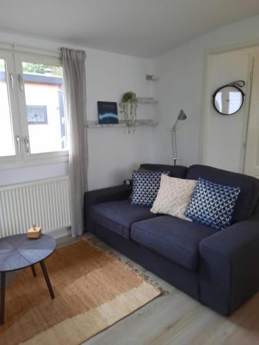 a blue couch in a living room with a window at Gezellig ingerichte blokhut op een rustig park! in Putten