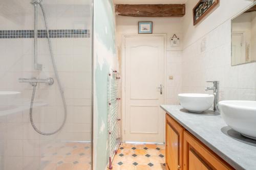 ein Bad mit einem Waschbecken und einer Dusche in der Unterkunft Maison Meslaie - Maison pour 8 avec piscine in Beaumont-en-Véron