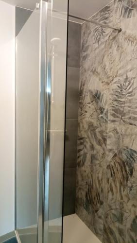a shower with a glass door next to a painting at Résidence Le Crystal Dinard Plage in Dinard
